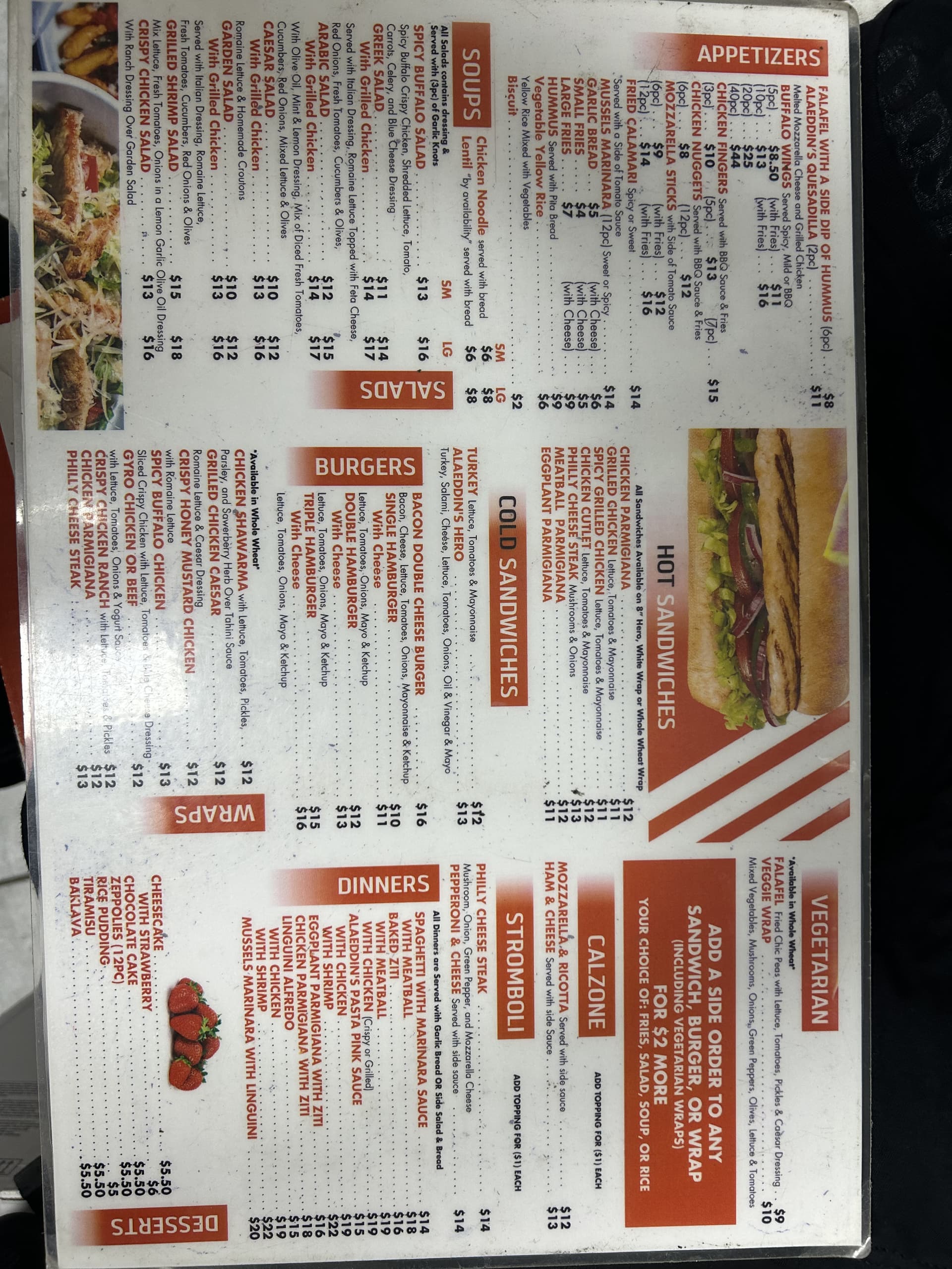 Alaeddin's Pizza printed menu board, Clifton NJ — halal pizzas, calzones and dinners