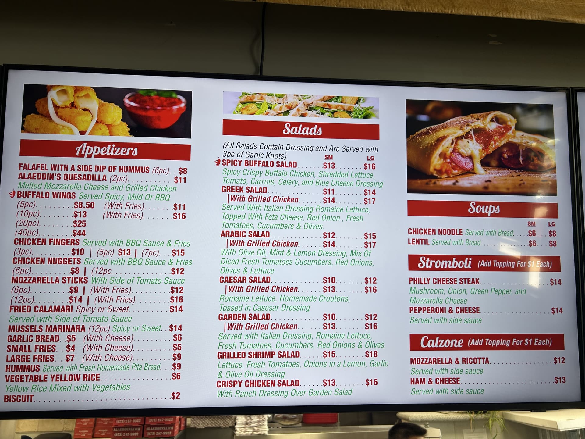 In-store menu display showing Alaeddin's specialty halal pizzas