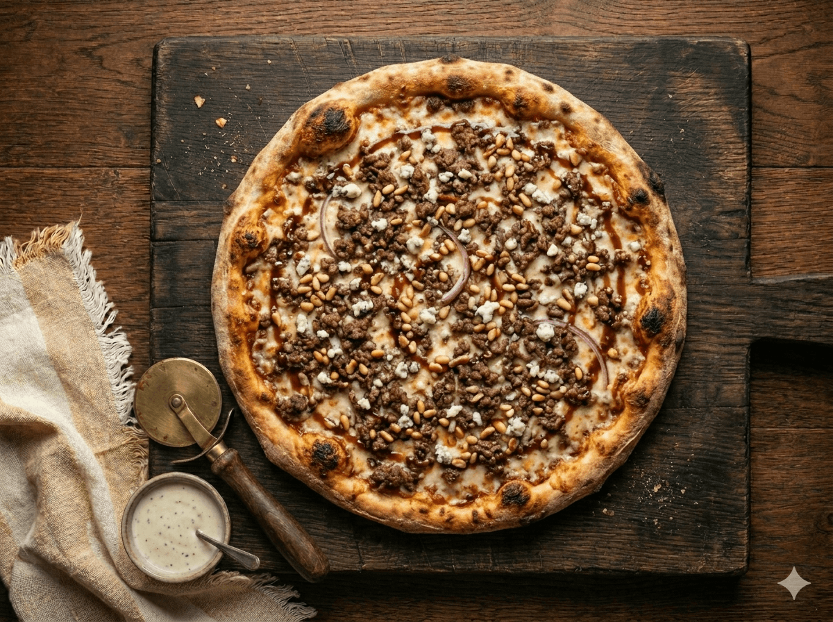 Alaeddin's Beef & Pine Nut Pizza — halal brick-oven pizza in Clifton & Paterson, NJ