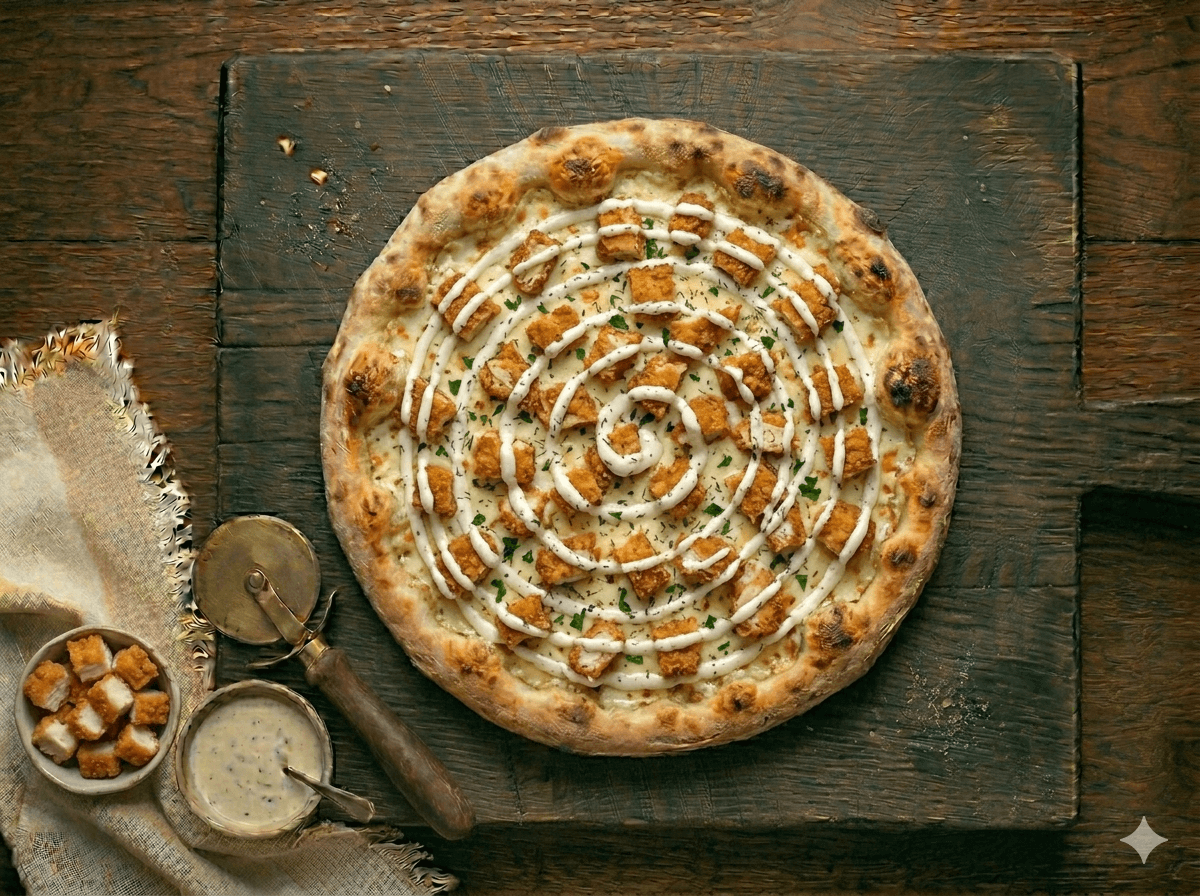 Crispy Chicken Ranch Pizza — halal brick-oven pizza in Clifton & Paterson, NJ